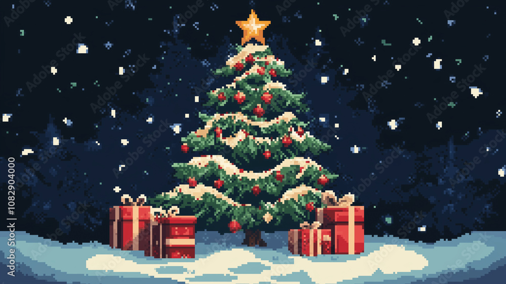 Obraz premium pixel art, simple image, limited color palette, simple decorated christmas tree with presents. Simple retro digital image of a christmas tree with decorations, christmas lights, baubles, guirlandes.