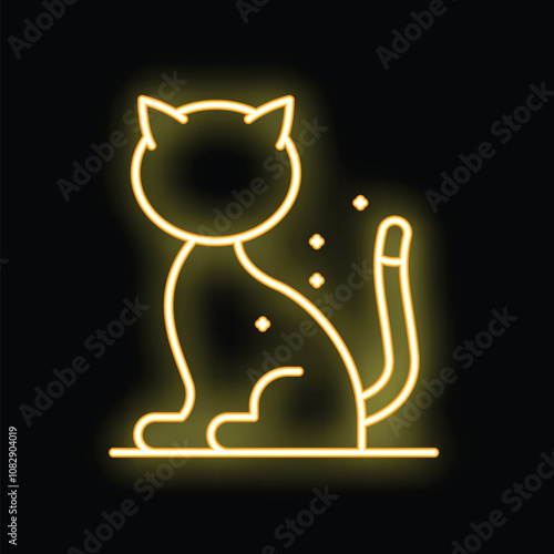 Neon yellow cat sitting with tail raised icon graphic on black background