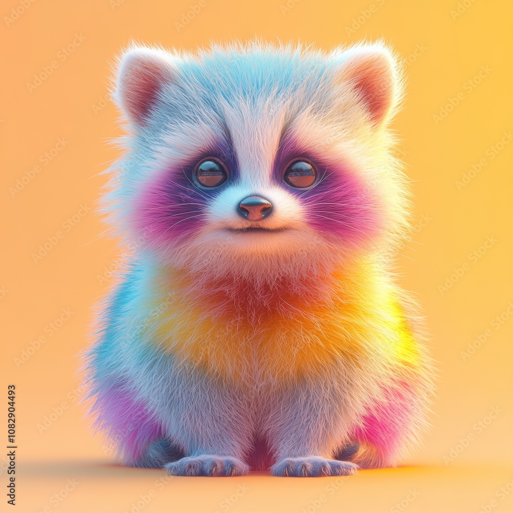 Obraz premium a lovely raccoon in rainbow colors against yellow background
