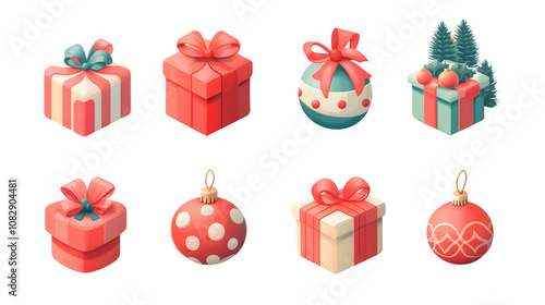 Flat vector set of Christmas and New Year gift elements, with wrapped presents, ornaments, and bows on a white background photo