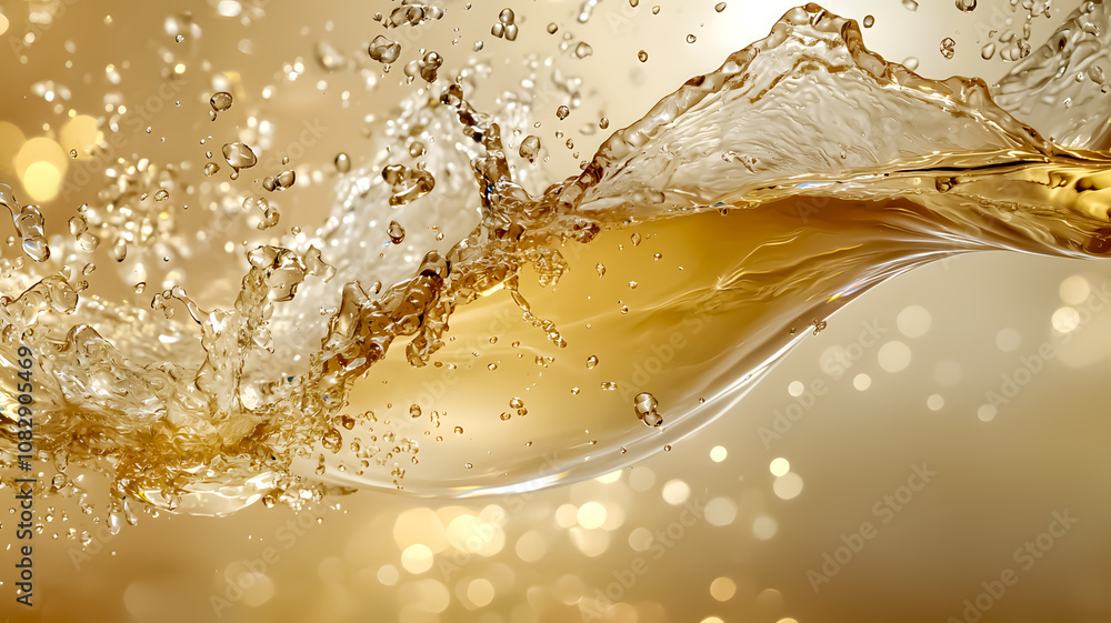Elegant golden splash with fluid motion and sparkling bubbles. Drink photography, refreshing beverage, abstract fluid art Elegant golden splash with fluid motion and sparkling bubbles. Drink photography, refreshing beverage, abstract fluid art