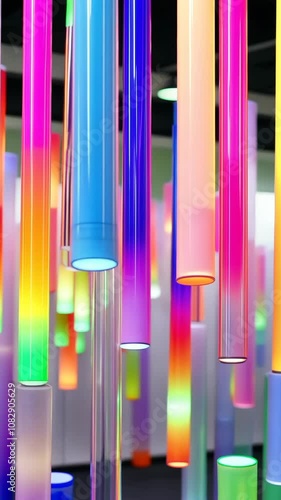 A close-up of colorful, glowing tubes hanging from the ceiling in a modern art exhibit