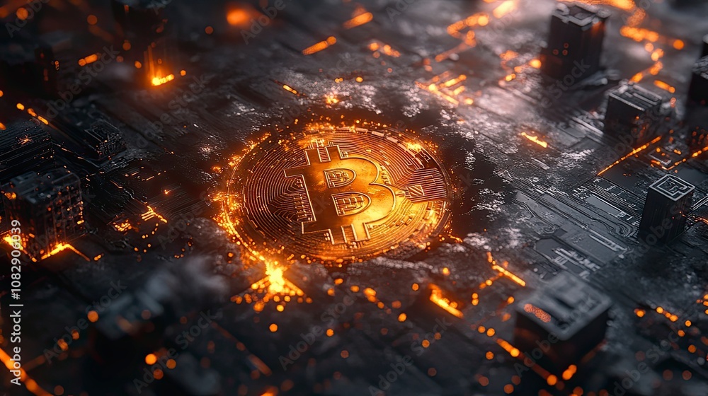 Glowing gold Bitcoin coin resting on a dark textured circuit board with bright orange sparks surrounding it. . Glowing gold Bitcoin coin resting on a dark textured circuit board with bright orange sparks surrounding it. .