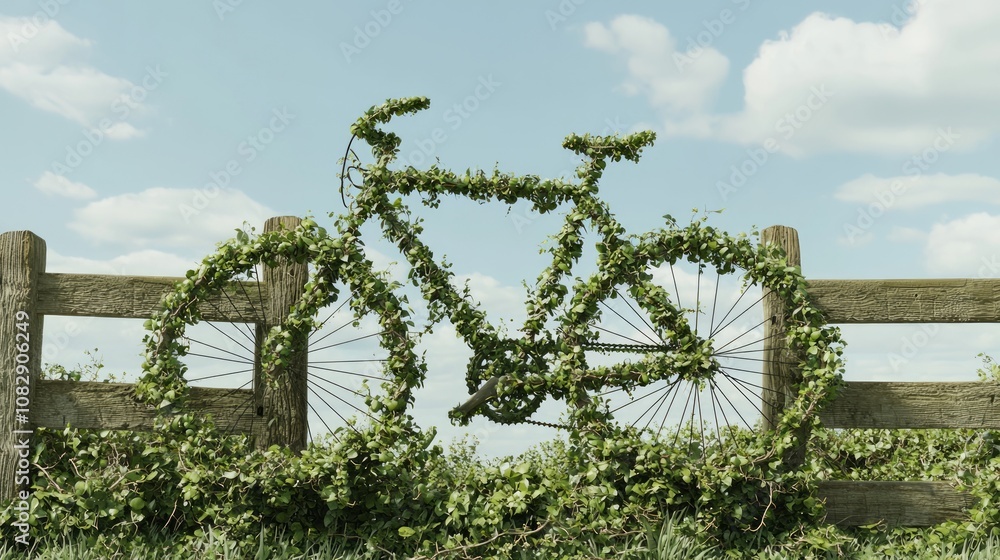 Fototapeta premium Enchanting 3D Render of Intricate Vine Bicycle Statue in Countryside Charm