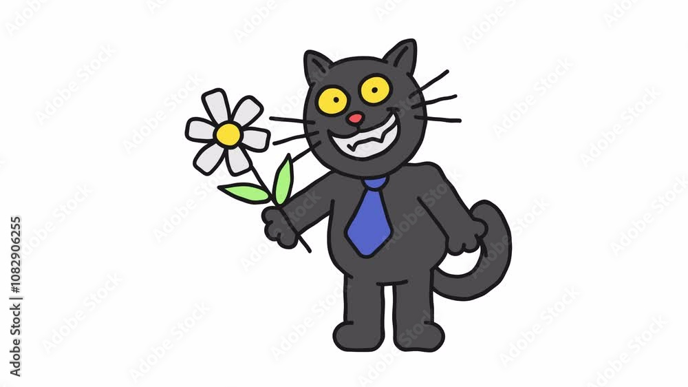 Black cat holds flower and smiles. Alpha channel Black cat holds flower and smiles. Alpha channel