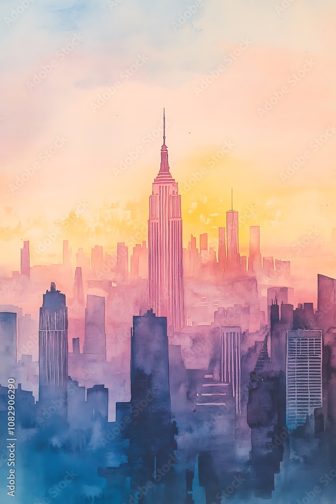 Fototapeta premium skyline of big city with skyscrapers like new york, watercolor painting, soft pastel colors, panorama of megapolis, sunset travel wallpaper, urban landscape banner, midtown background