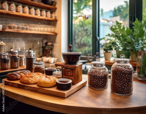 Artisan Coffee Bar Display Featuring Freshly Ground Coffee Beans, Gluten-Free Baked Goods, and Organic Condiments for a Sophisticated and Cozy Home Cafe Experience