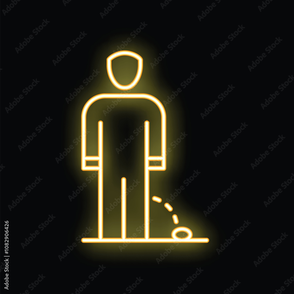 Yellow glowing neon icon of a person kicking a stone obstacle on a black background Yellow glowing neon icon of a person kicking a stone obstacle on a black background
