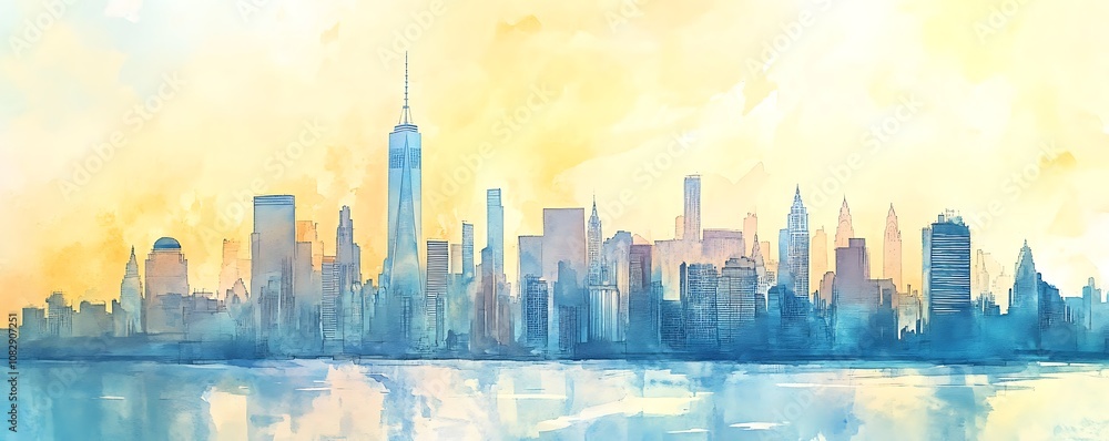 Obraz premium skyline of big city with skyscrapers like new york, watercolor painting, soft pastel colors, panorama of megapolis, sunset travel wallpaper, urban landscape banner, midtown background