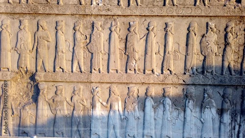 Sunlight reveals details of soldiers and a lion attacking a mythical creature carved into a stone wall