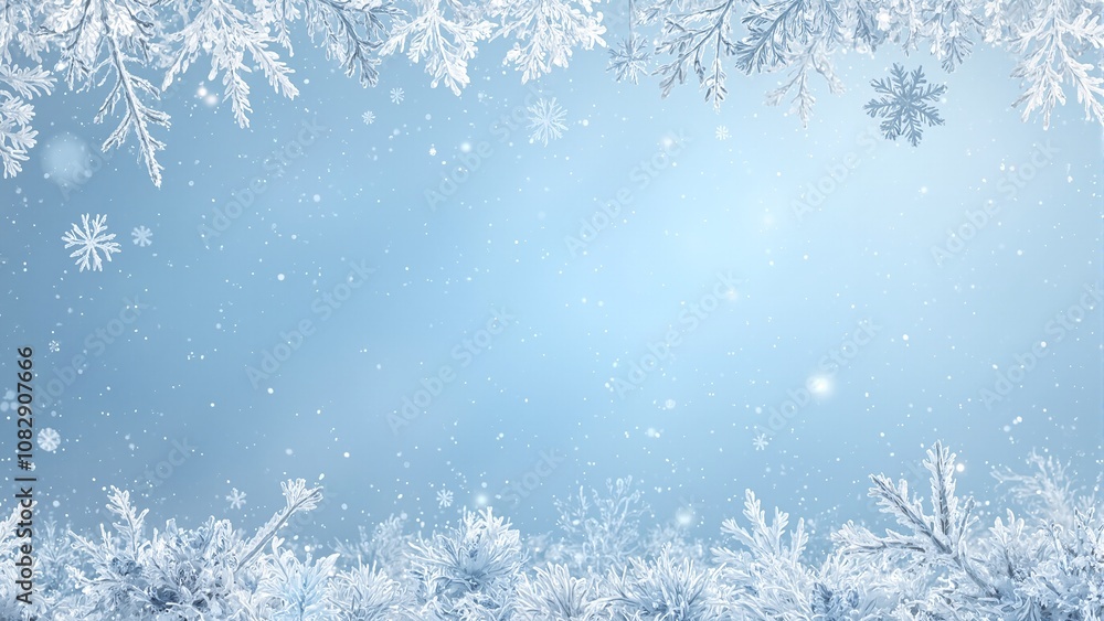 Chilly winter scene with icy crystals and frost pattern borders Chilly winter scene with icy crystals and frost pattern borders