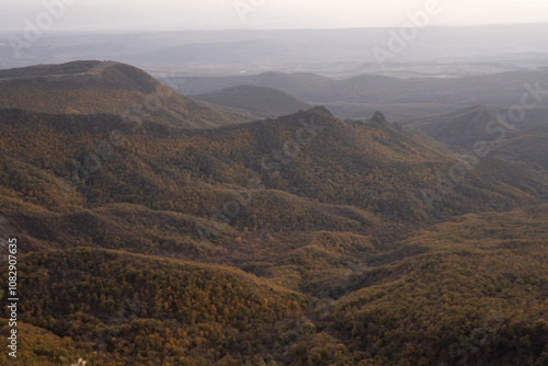 Autumn landscape of Georgia mountains in the evening after sunset