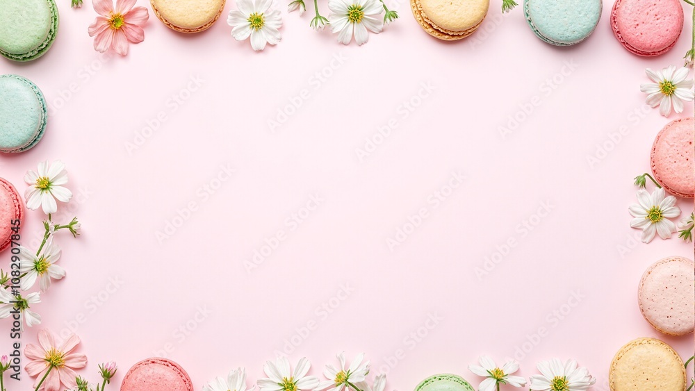 Pastel macarons and flowers on pink background Pastel macarons and flowers on pink background