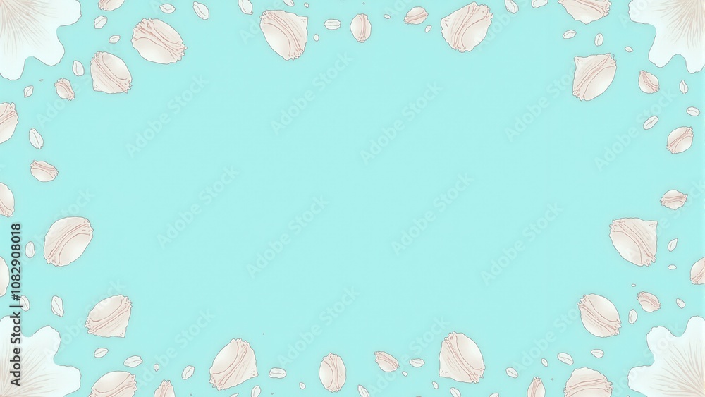 Tranquil teal background with pink and white seashell frame Tranquil teal background with pink and white seashell frame