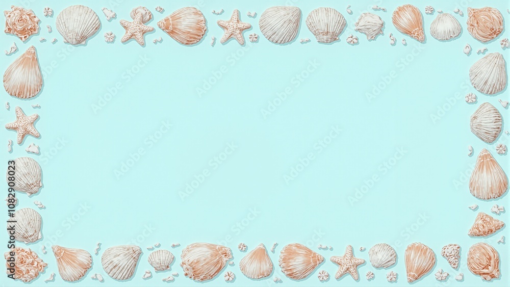 Tranquil teal background with pink and white seashell frame Tranquil teal background with pink and white seashell frame