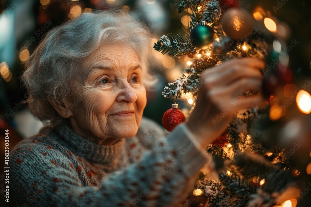 holiday home decor, elderly woman joyfully decorates a christmas tree with twinkling lights and colorful baubles, creating a cozy setting holiday home decor, elderly woman joyfully decorates a christmas tree with twinkling lights and colorful baubles, creating a cozy setting