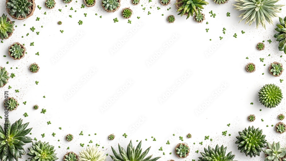 Fototapeta premium Minimalist white space with succulents and cacti on light concrete backdrop