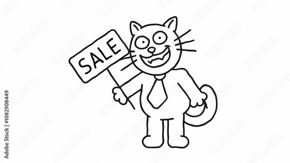 Doodle black cat holds sign saying sale and smiles. Alpha channel