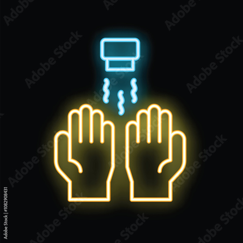 Neon sign of two hands held out under an electric hand dryer machine blowing warm air, isolated on a black background
