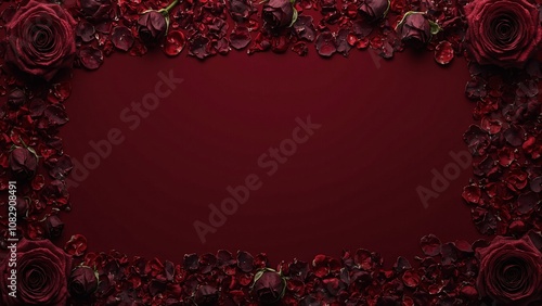 Fototapeta Naklejka Na Ścianę i Meble -  Dark roses bordering empty space on burgundy background Moody romantic atmosphere