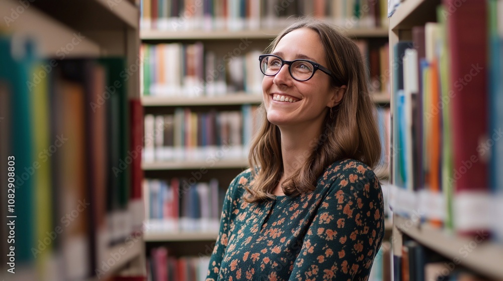 A mature 35 years old female librarian, who is engaged in book management at a public library, looking away with a happy smile. A mature 35 years old female librarian, who is engaged in book management at a public library, looking away with a happy smile.