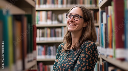 A mature 35 years old female librarian, who is engaged in book management at a public library, looking away with a happy smile.