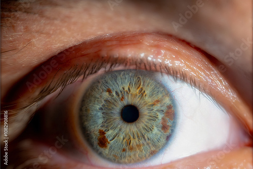 Macro close-up of a human eye with a unique pattern and brown spots, highlighting intricate details and vibrant texture, showcasing natural beauty...