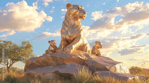 Majestic Lioness and Cubs Statue in Sunlit Savanna - Ultra-Detailed 3D Render Illustration of Strength and Nurturing