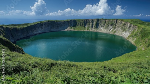 A serene volcanic crater lake surrounded by lush greenery and blue skies.