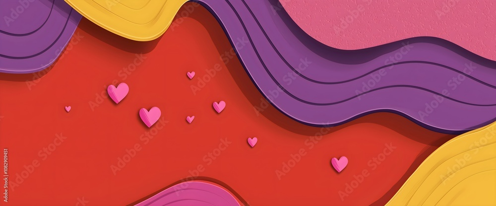 Wavy pattern with floating hearts in purple, red and yellow colors. horizontal banner for Valentine's Day marketing, wedding design, romantic event, fashion brand, love themed social media, copy space Wavy pattern with floating hearts in purple, red and yellow colors. horizontal banner for Valentine's Day marketing, wedding design, romantic event, fashion brand, love themed social media, copy space