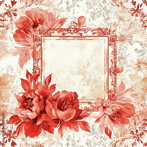 Watercolor Red Flowers and Ornate Frame on Grunge Background photo