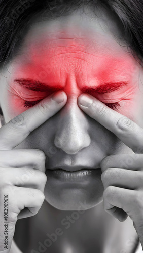 Close-Up of a Woman Pressing Fingers on Nasal Bridge, Indicating Sinus Pain or Headache with Red Highlight on Forehead and Eyes