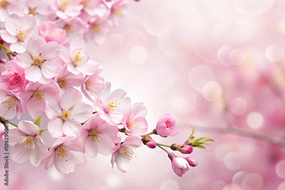 Digital illustration of cherry blossoms with soft pink petals against a white background, garden, landscape, spring Digital illustration of cherry blossoms with soft pink petals against a white background, garden, landscape, spring