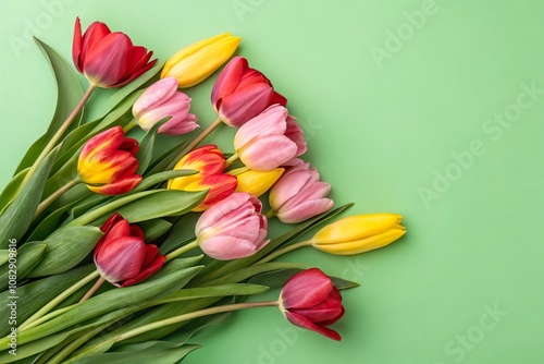 Strahlende Tulpen in Rot, Gelb und Rosa vor grünem Hintergrund photo