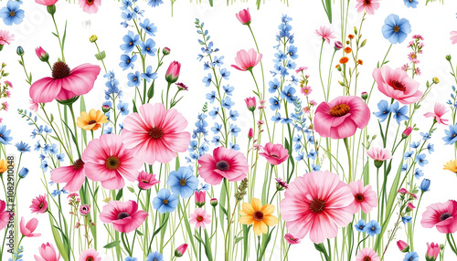 watercolor pink and blue meadow flowers seamless pattern. Meadow with flowers, floral seamless pattern of watercolor colorful wildflowers with white shades, png