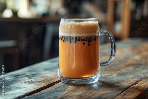 bubble tea presentation, bubble tea in a fancy glass on a rustic table, creating a cozy feel, looks irresistible photo