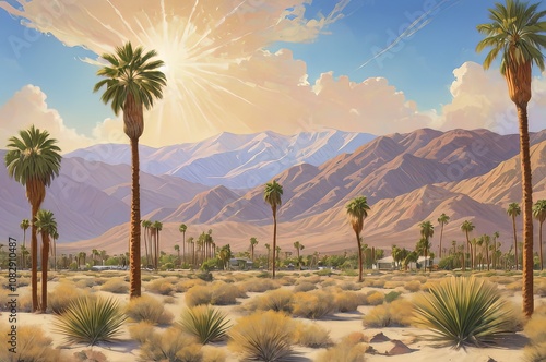 Palm Trees At Sunset With Desert Mountain Range In The Distance With Blue Sky And Clouds; Palm Springs California United States Of America

