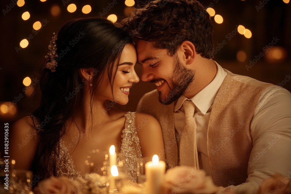 Romantic couple smiling beside candlelight, surrounded by warm lights, epitomizing intimacy and joy during an elegant evening celebration. Romantic couple smiling beside candlelight, surrounded by warm lights, epitomizing intimacy and joy during an elegant evening celebration.