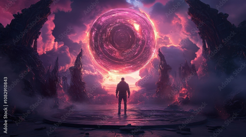Silhouetted figure faces glowing cosmic portal in a surreal alien landscape, enveloped by vibrant colors and mysterious atmosphere. Silhouetted figure faces glowing cosmic portal in a surreal alien landscape, enveloped by vibrant colors and mysterious atmosphere.