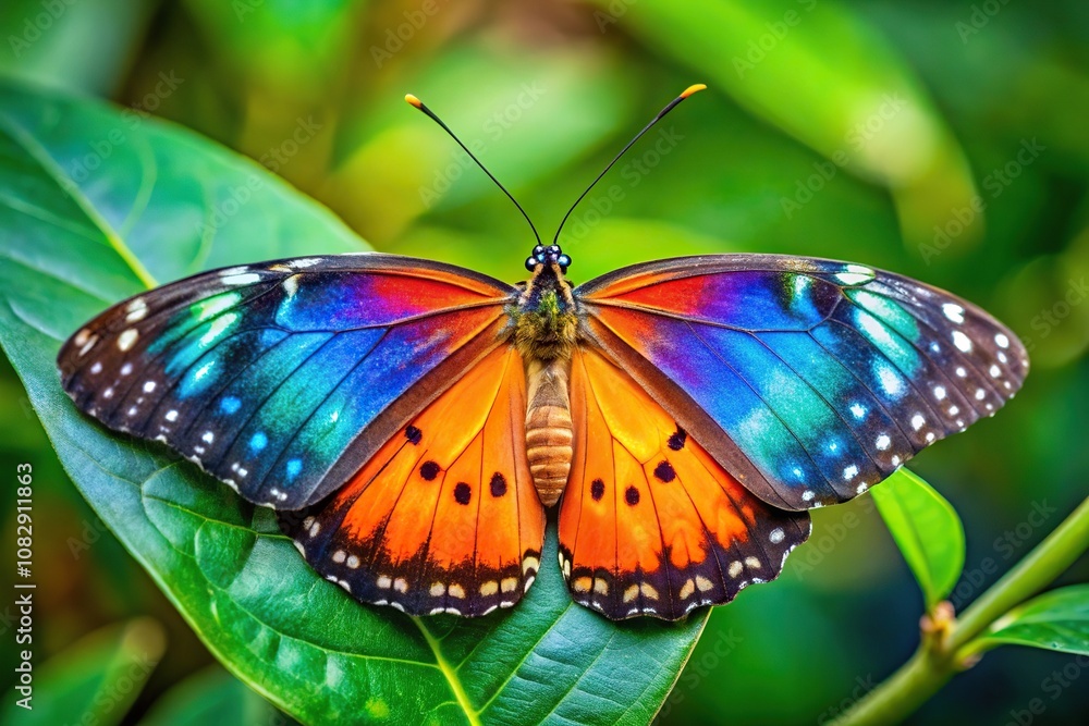 Fototapeta premium Colorful butterfly with orange wing and green and blue spot, panoramic view