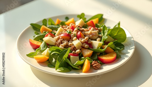 Fresh salad with fruits and nuts, bright colors, served on a white plate, space for text. Energy boost for the whole day