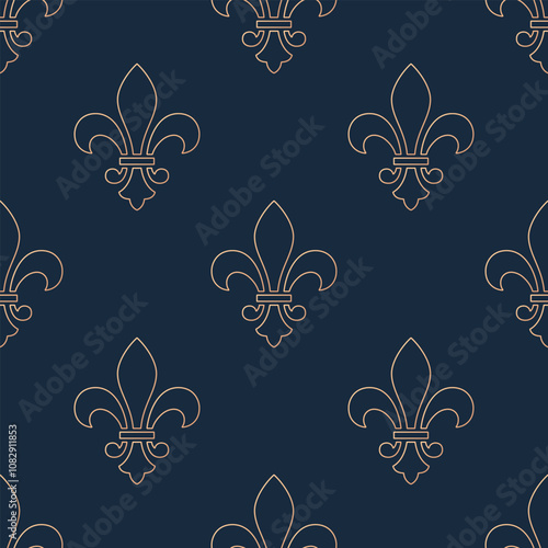 Bronze outline fleur de lys on indigo blue background. Vector seamless pattern. Best for textile, wallpapers, wrapping paper, package and web design.