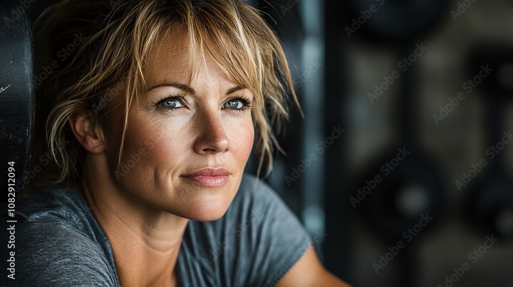 Fototapeta premium Portrait of a thoughtful, middle-aged woman with blonde hair and blue eyes, sitting in a gym.