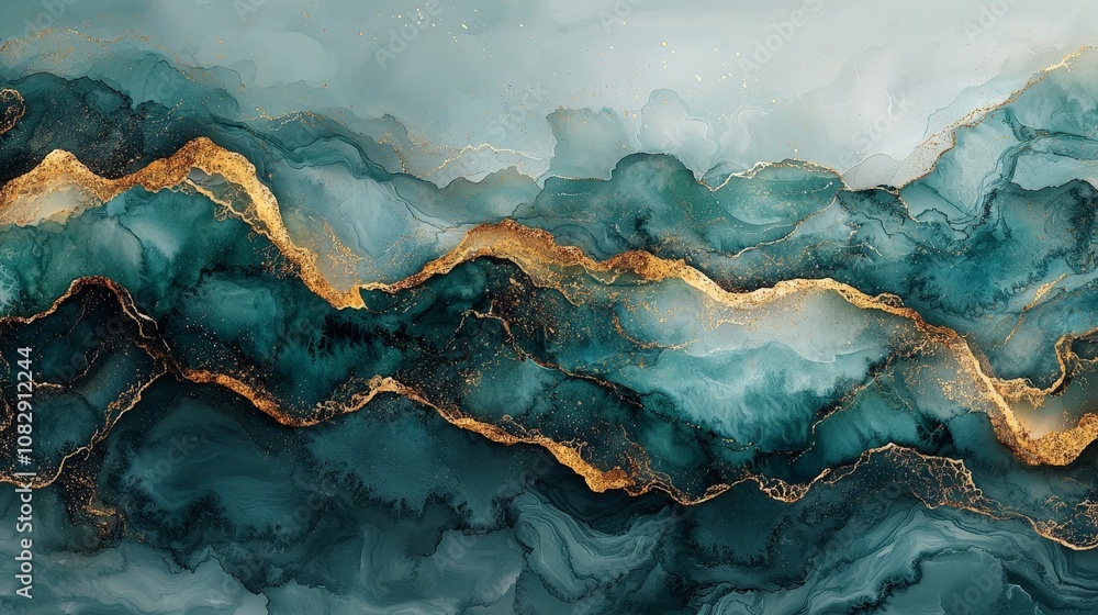 Abstract artwork featuring fluid teal and gold waves, creating a serene and elegant composition. Abstract artwork featuring fluid teal and gold waves, creating a serene and elegant composition.