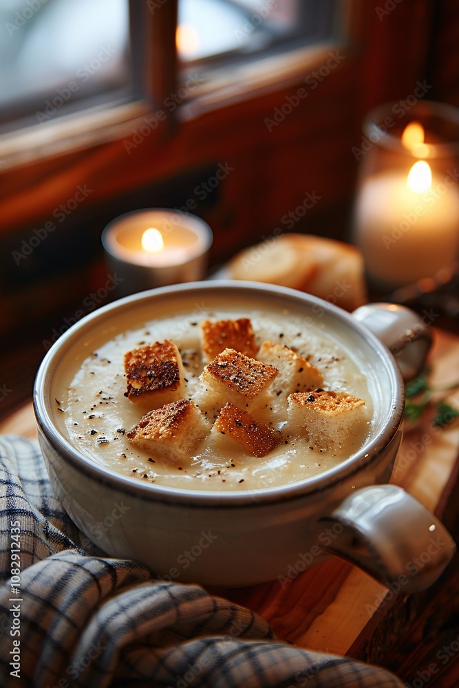A bowl of creamy soup garnished with golden croutons rests on a wooden tray. Soft candlelight flickers nearby, creating a warm and inviting atmosphere, ideal for a cozy evening A bowl of creamy soup garnished with golden croutons rests on a wooden tray. Soft candlelight flickers nearby, creating a warm and inviting atmosphere, ideal for a cozy evening