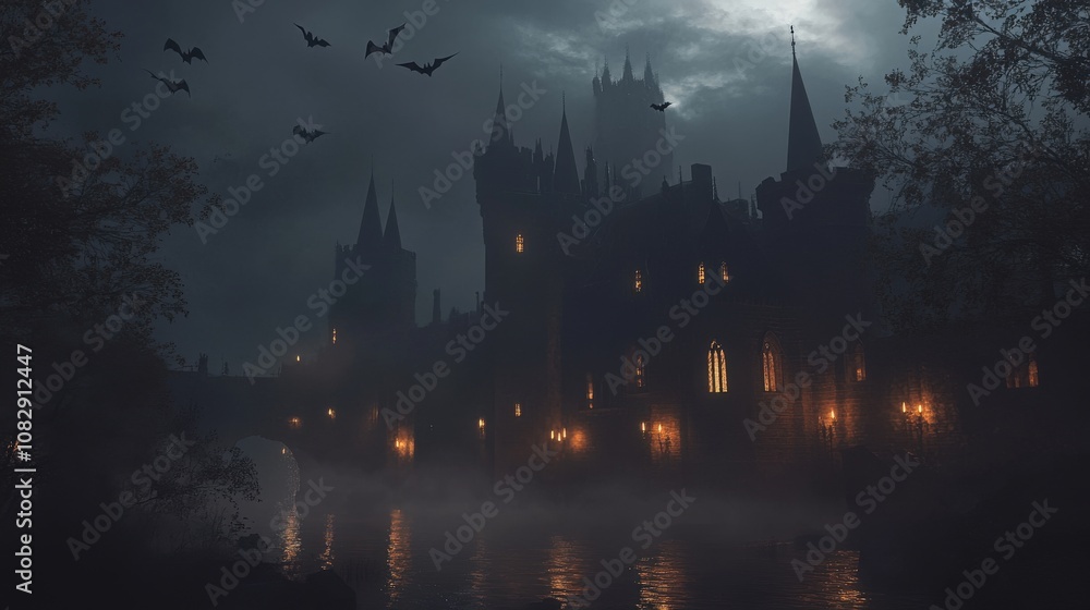 A Silhouetted Gothic Castle Reflecting on a Foggy River at Night A Silhouetted Gothic Castle Reflecting on a Foggy River at Night