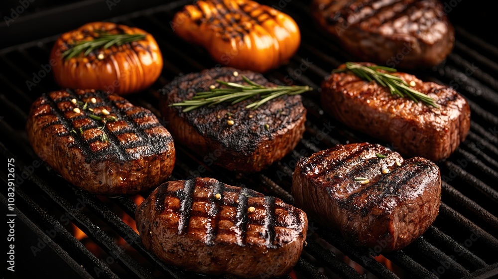 Delicious Grilled Steaks And Vegetables With Rosemary Garnish Delicious Grilled Steaks And Vegetables With Rosemary Garnish