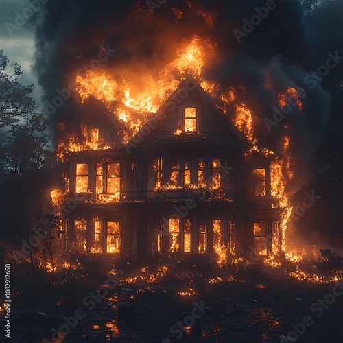 Dramatic fire overtaking house with dense smoke filling the horizon picture