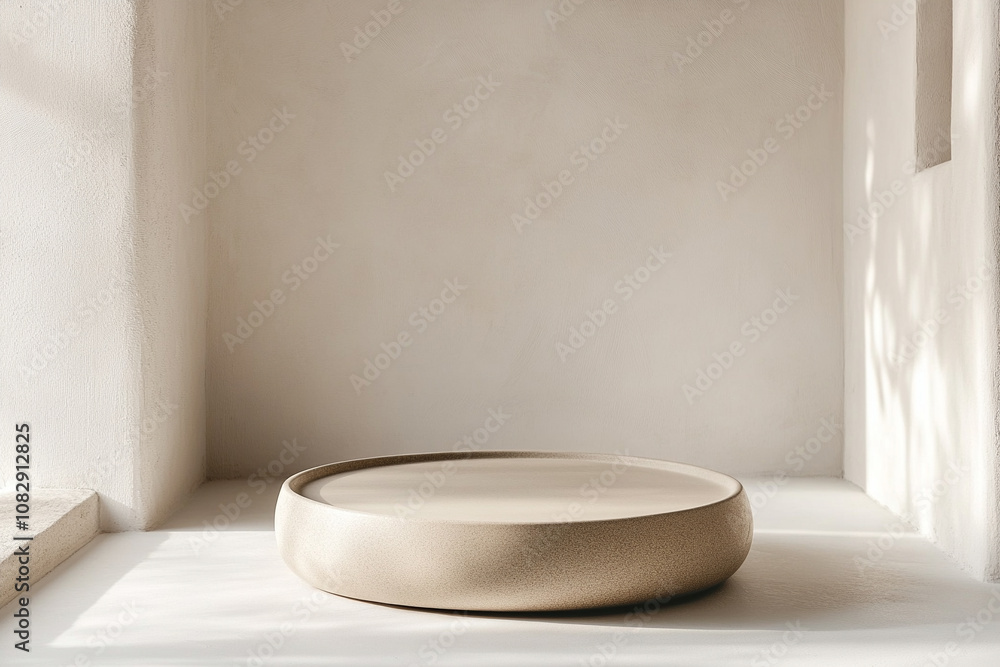 Minimalist empty room with beige podium and Neutral tone wall Minimalist empty room with beige podium and Neutral tone wall