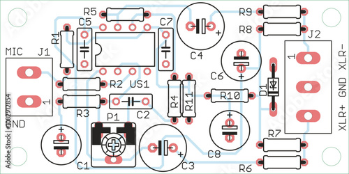 Vector printed circuit board of electronic 
device with components of radio elements, 
conductors and contact pads placed on pcb. 
Engineering technical computer cad drawing.